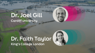 Aerial view of flooded farmland with two academic profiles from Cardiff University and King's College London overlaid.